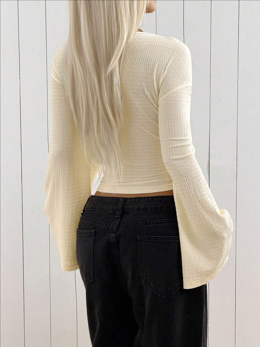 Ribbed Deep U-Neck Crop Top with Flared Bell Sleeves - view 5
