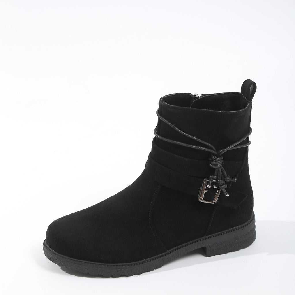 Faux Suede Buckle Strap Flat Ankle Boots - Black