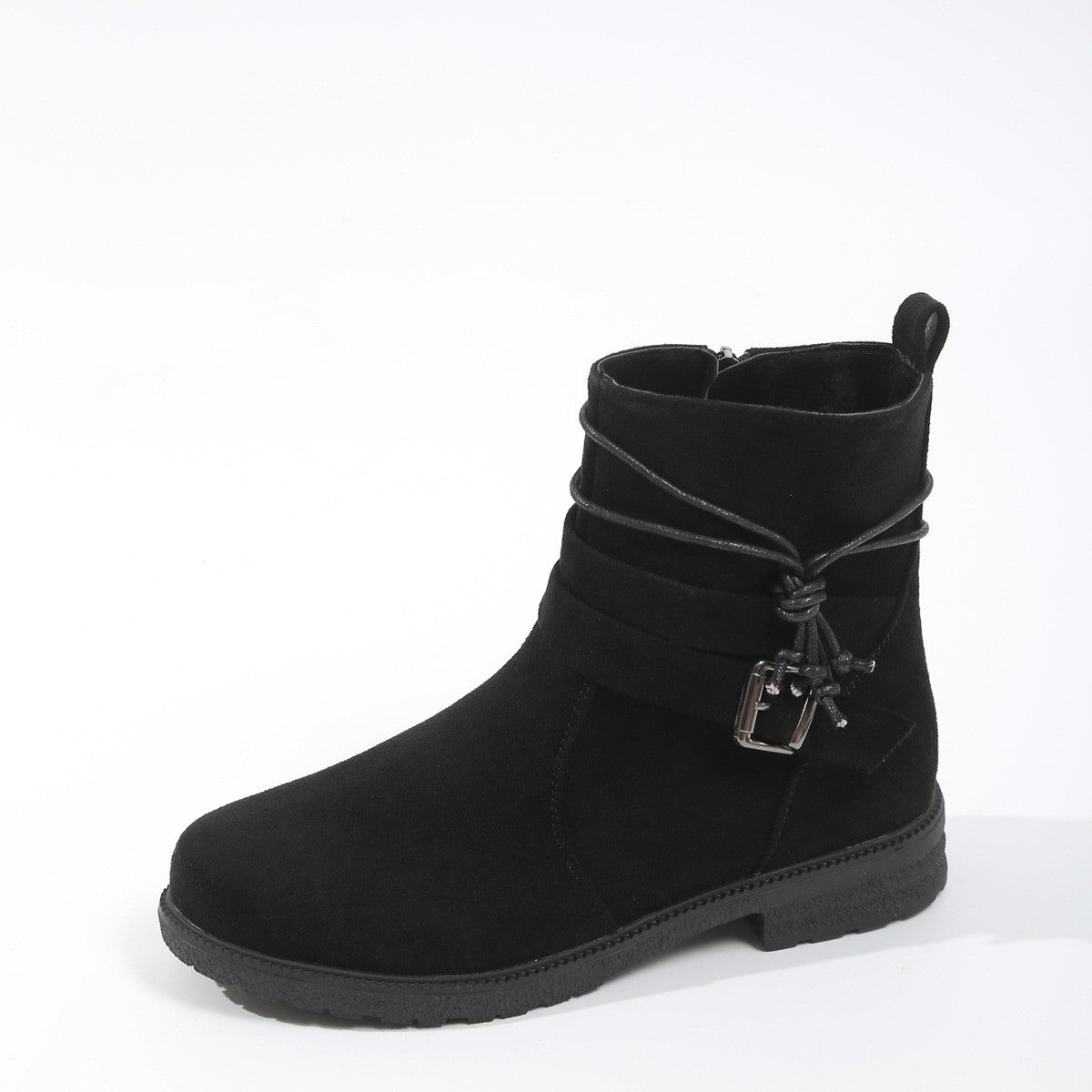 Faux Suede Buckle Strap Flat Ankle Boots - Black