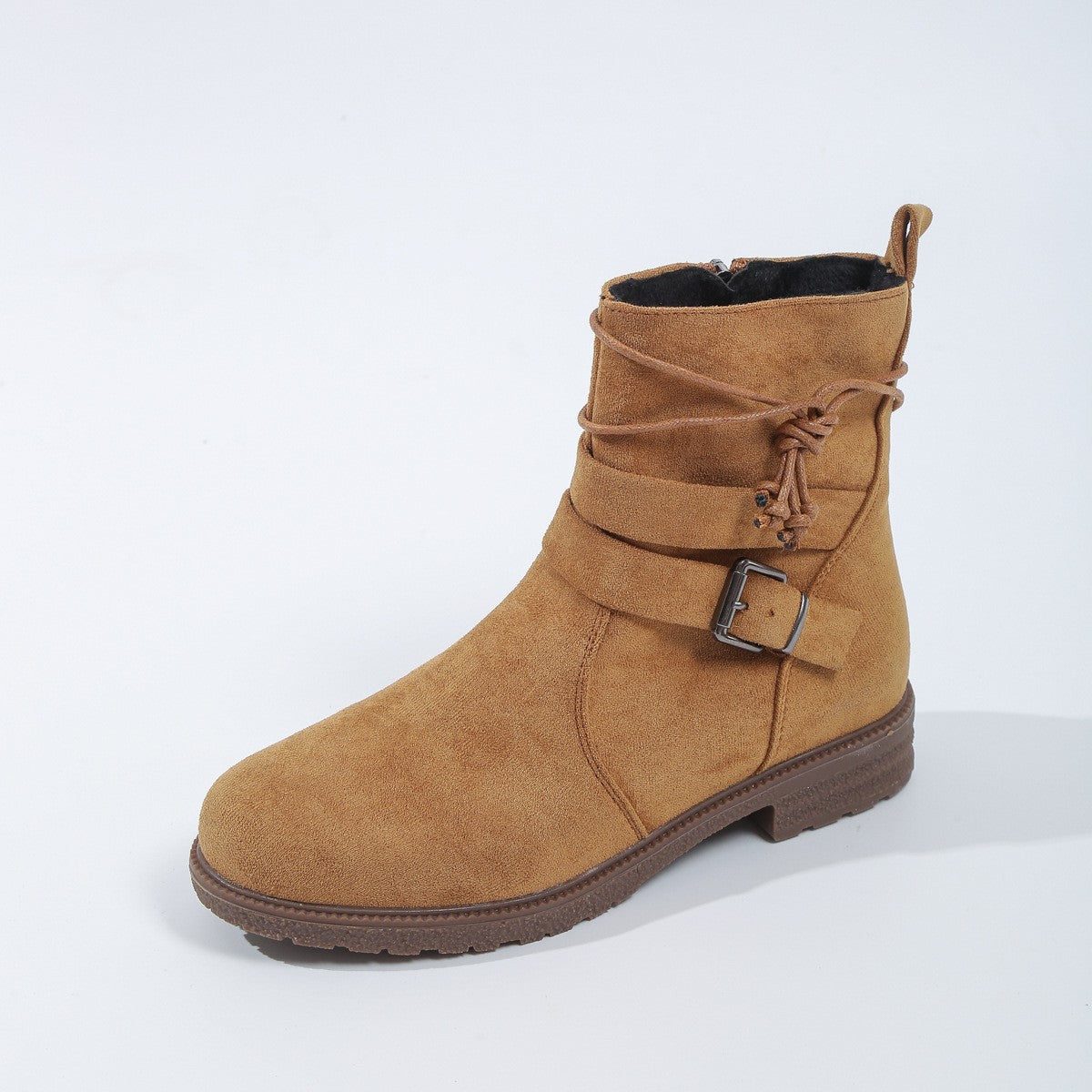 Faux Suede Buckle Strap Flat Ankle Boots
