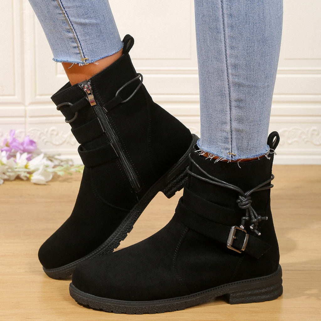 Faux Suede Buckle Strap Flat Ankle Boots