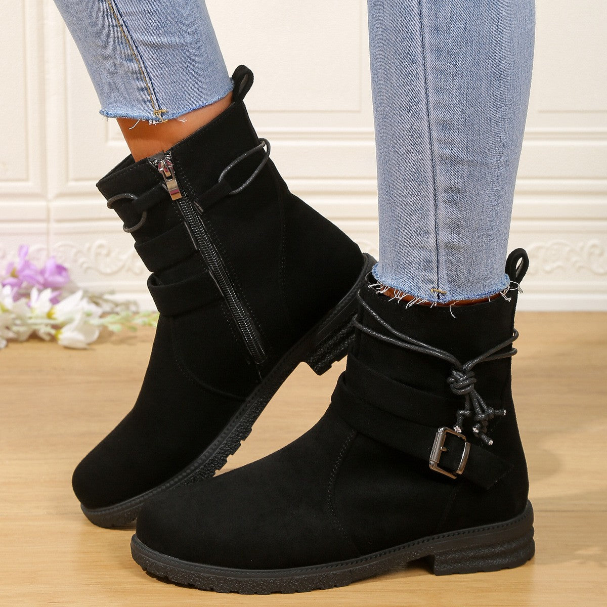 Faux Suede Buckle Strap Flat Ankle Boots