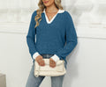 Contrast Collar Ribbed V Neck Knit Sweater - Peacock
