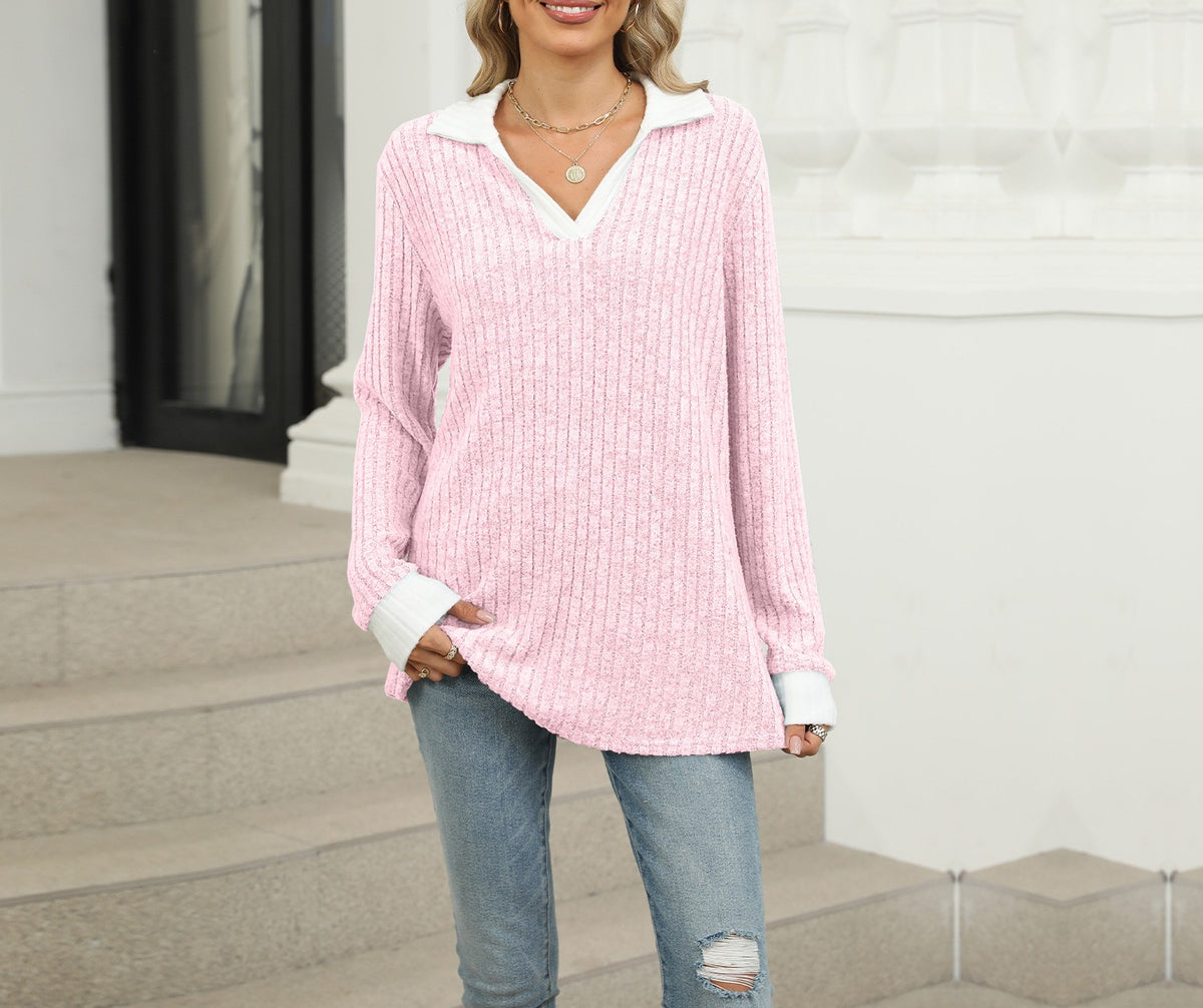 Contrast Collar Ribbed V Neck Knit Sweater - Pink