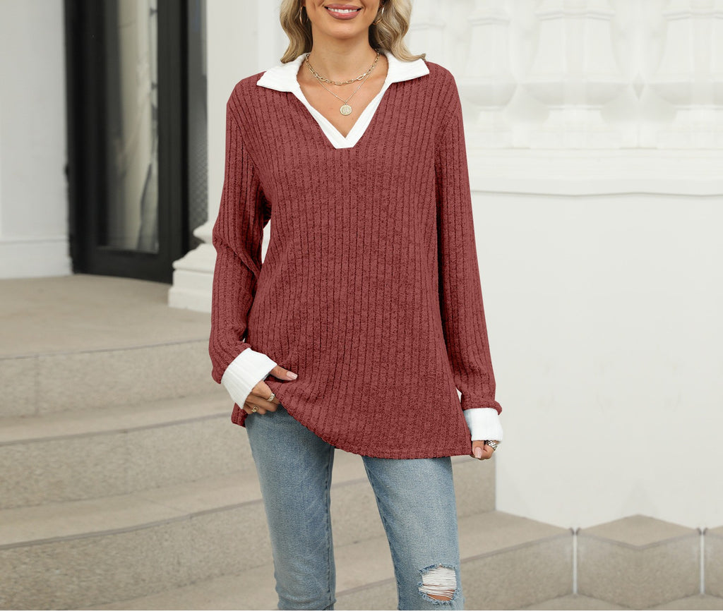 Contrast Collar Ribbed V Neck Knit Sweater - Red