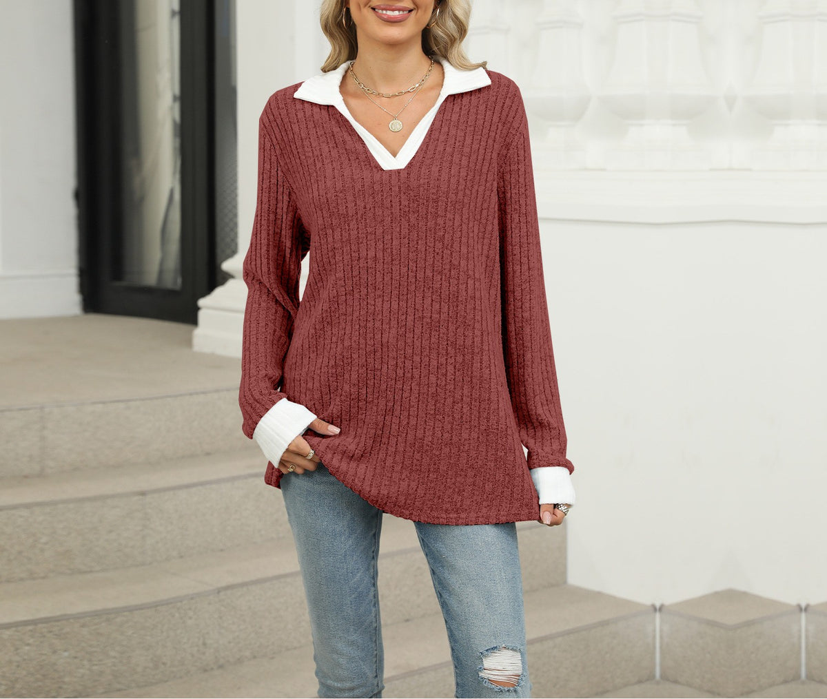 Contrast Collar Ribbed V Neck Knit Sweater - Red