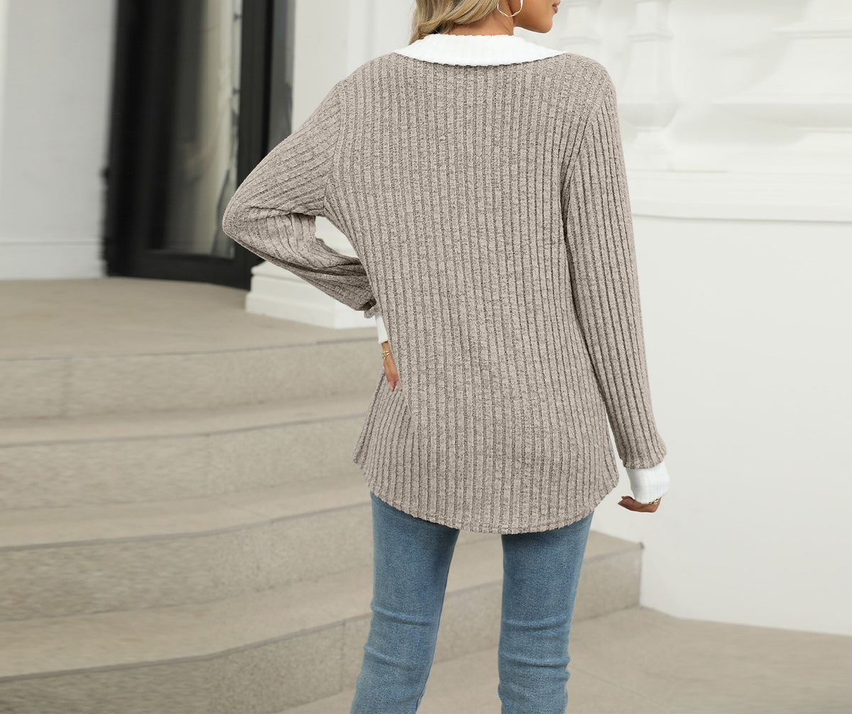 Contrast Collar Ribbed V Neck Knit Sweater - view 1