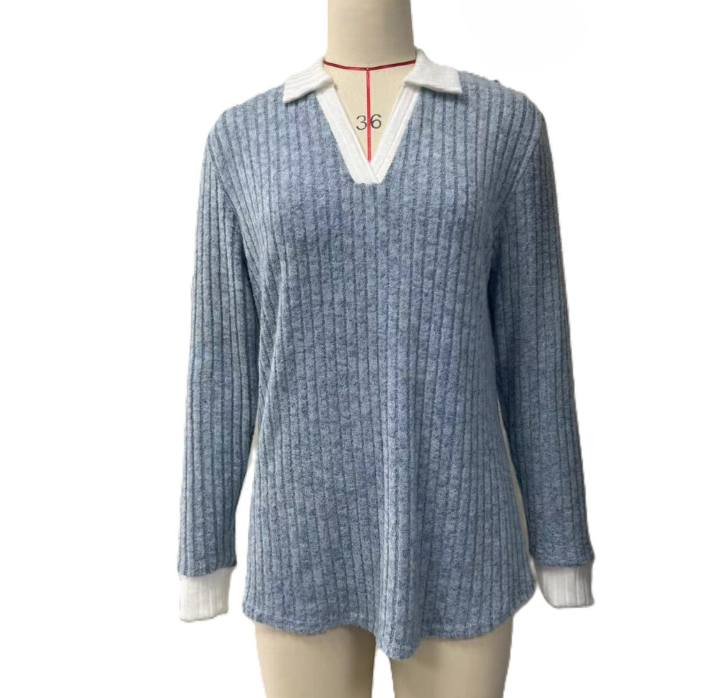 Contrast Collar Ribbed V Neck Knit Sweater - view 2