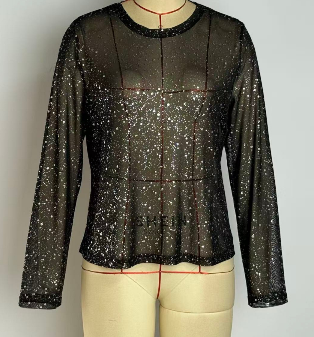 Sparkle Mesh Top With Flared Sleeves - Black