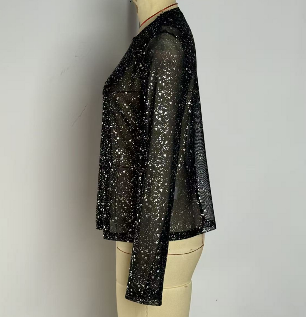 Sparkle Mesh Top With Flared Sleeves - Black - 1