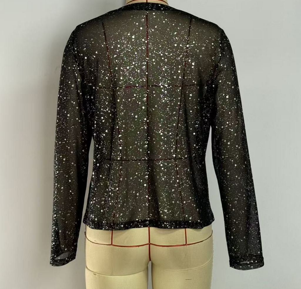 Sparkle Mesh Top With Flared Sleeves - Black - 2