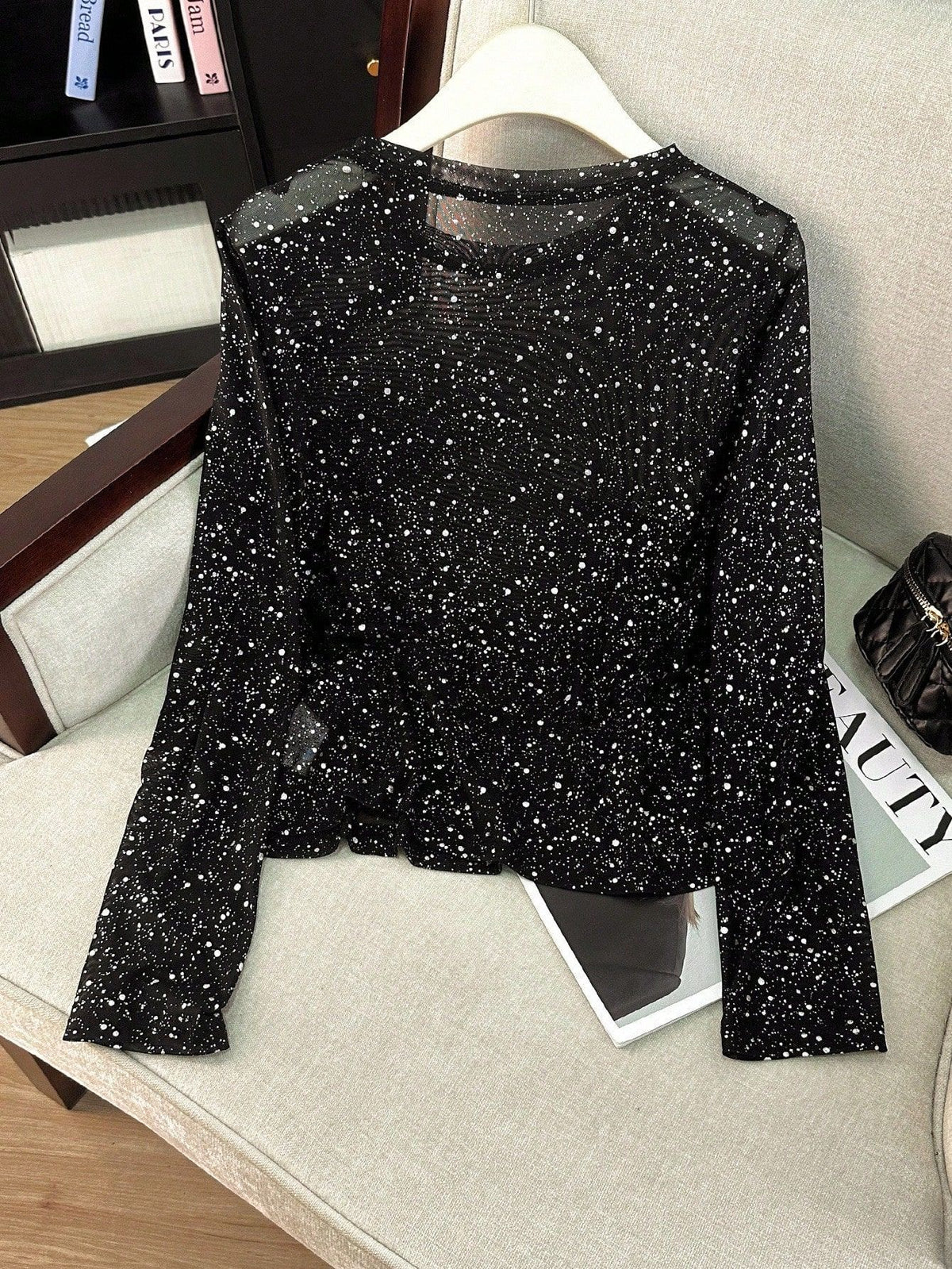 Sparkle Mesh Top With Flared Sleeves - Black - 5
