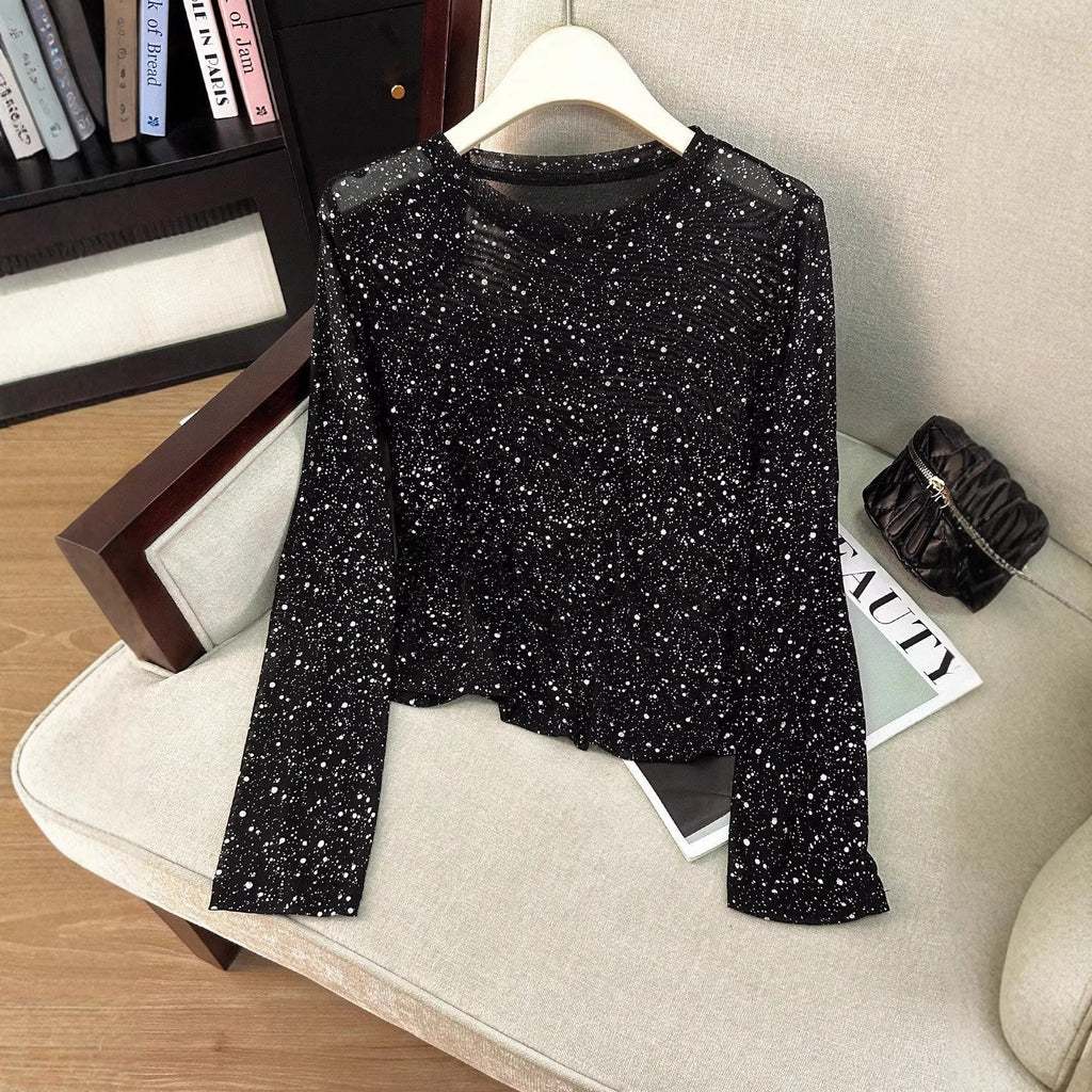 Sparkle Mesh Top With Flared Sleeves - Black - 6