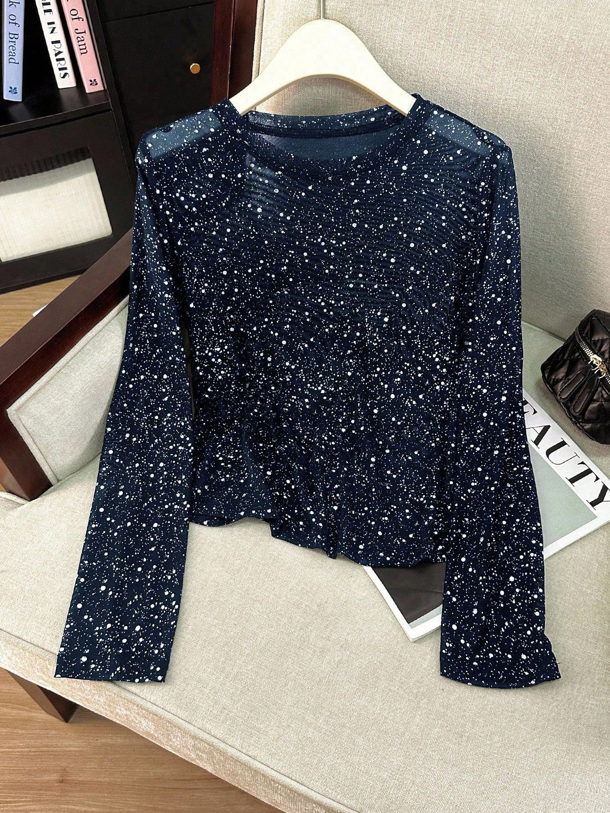 Sparkle Mesh Top With Flared Sleeves - Blue