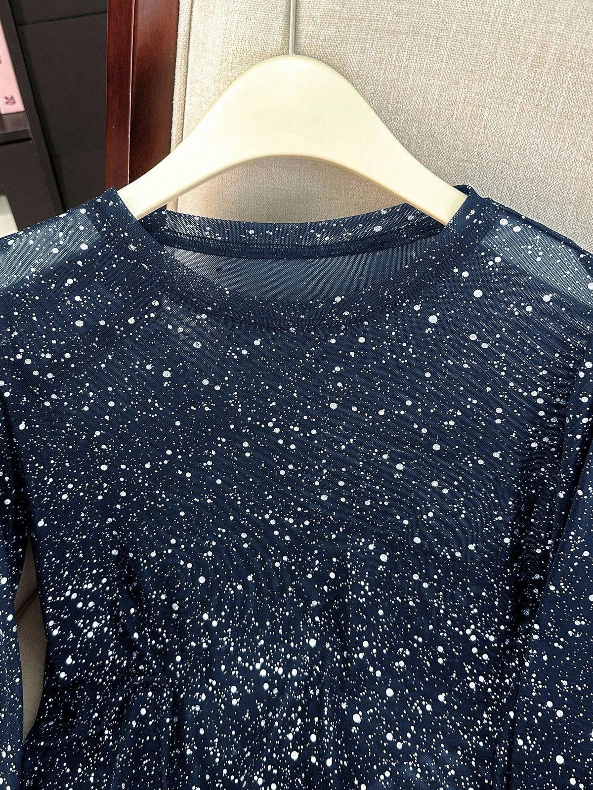 Sparkle Mesh Top With Flared Sleeves - Blue - 1