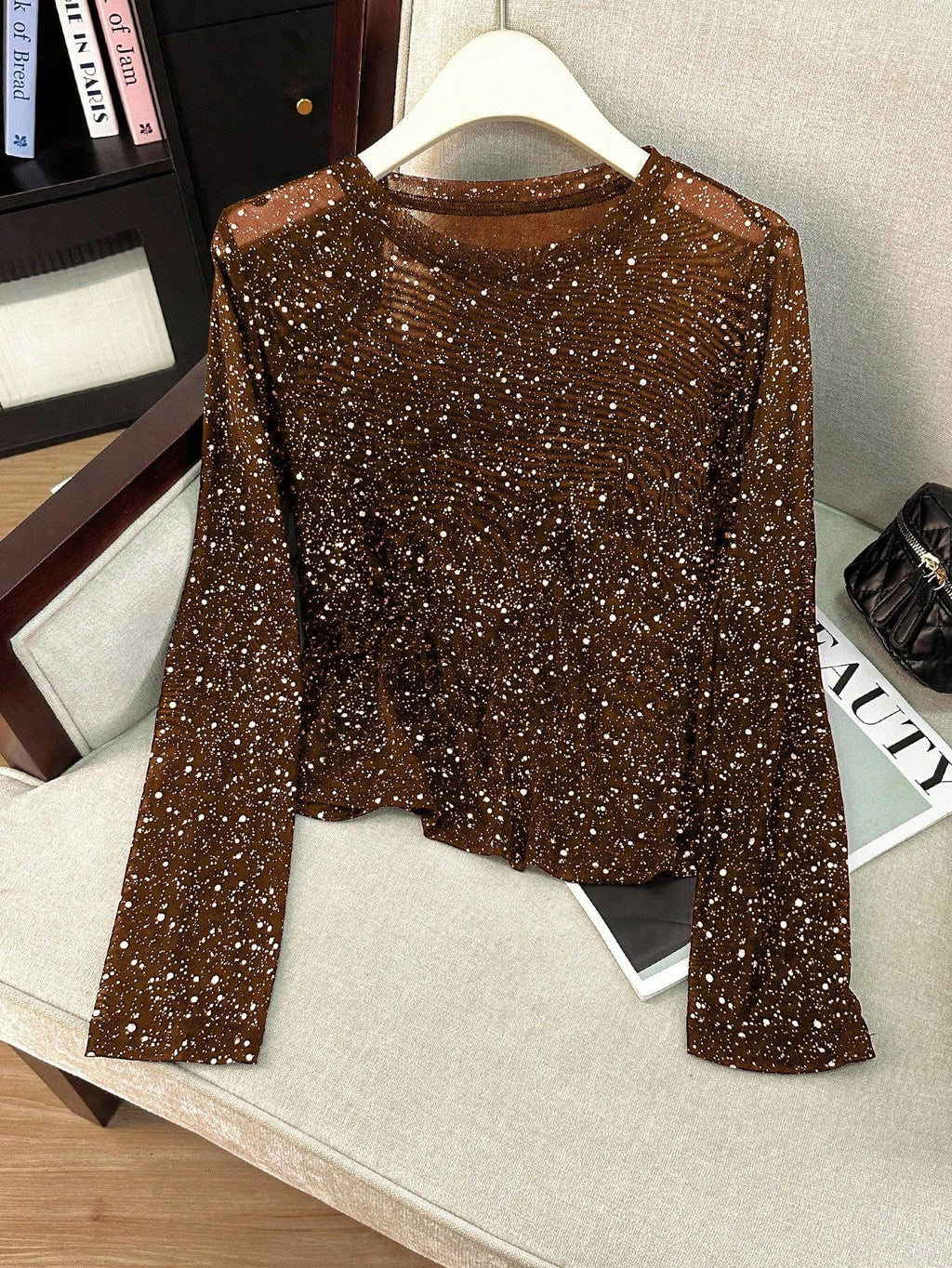Sparkle Mesh Top With Flared Sleeves - Brown