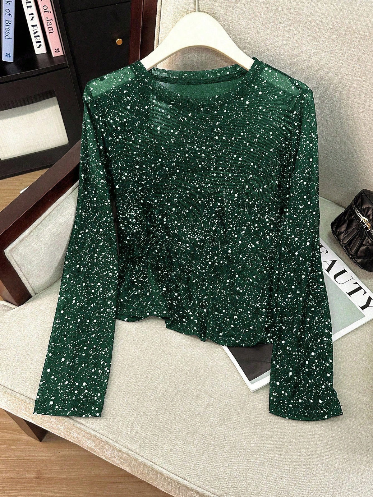 Sparkle Mesh Top With Flared Sleeves - Green