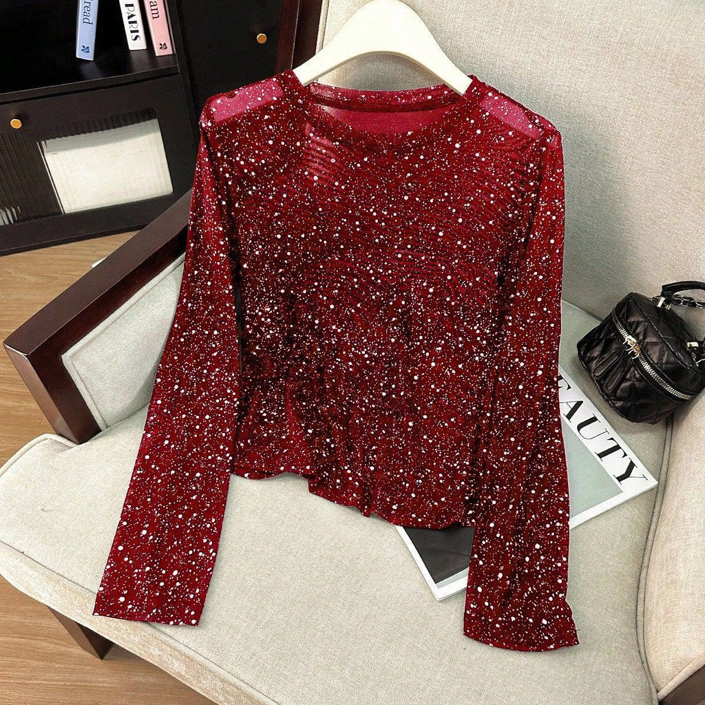Sparkle Mesh Top With Flared Sleeves - LRed