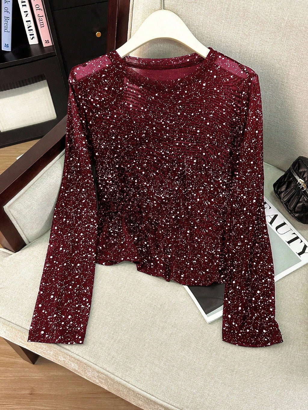 Sparkle Mesh Top With Flared Sleeves - Red