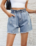Distressed Denim Shorts With Paperbag Waist - Blue