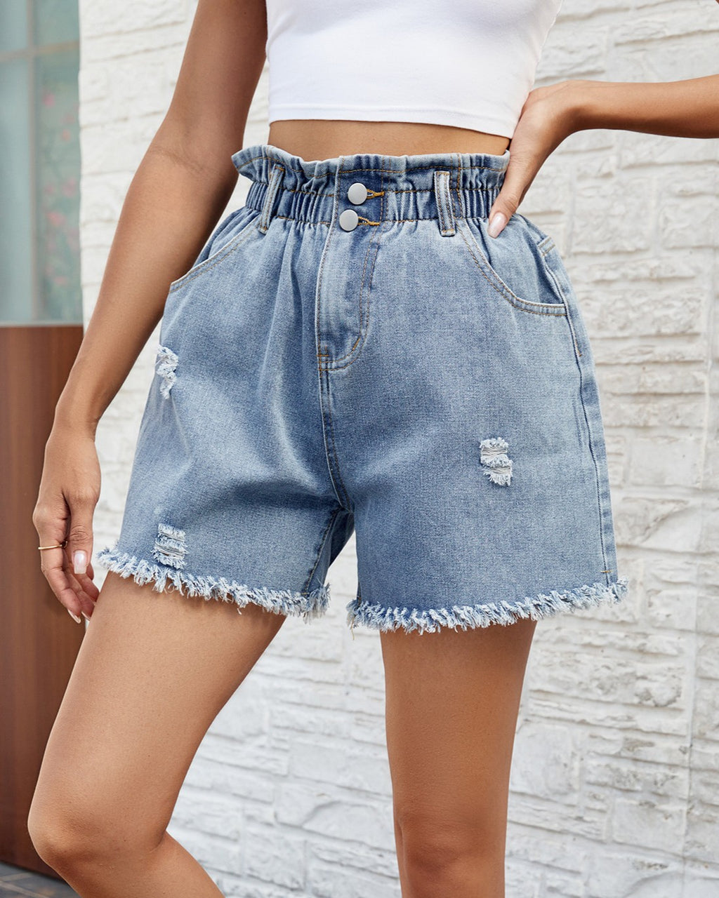Distressed Denim Shorts With Paperbag Waist - Blue - 1