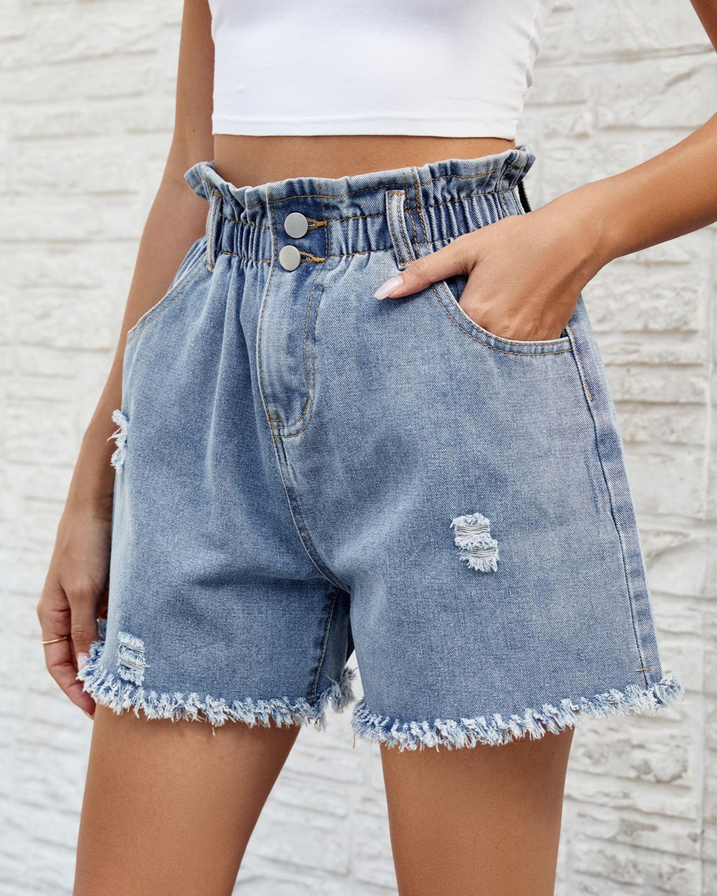 Distressed Denim Shorts With Paperbag Waist - Blue - 2