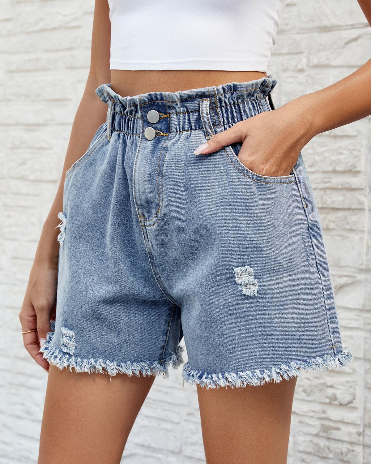 Distressed Denim Shorts With Paperbag Waist - Blue - 2