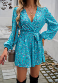 Floral Wrap V Neck Belted Short Jumpsuit - Blue