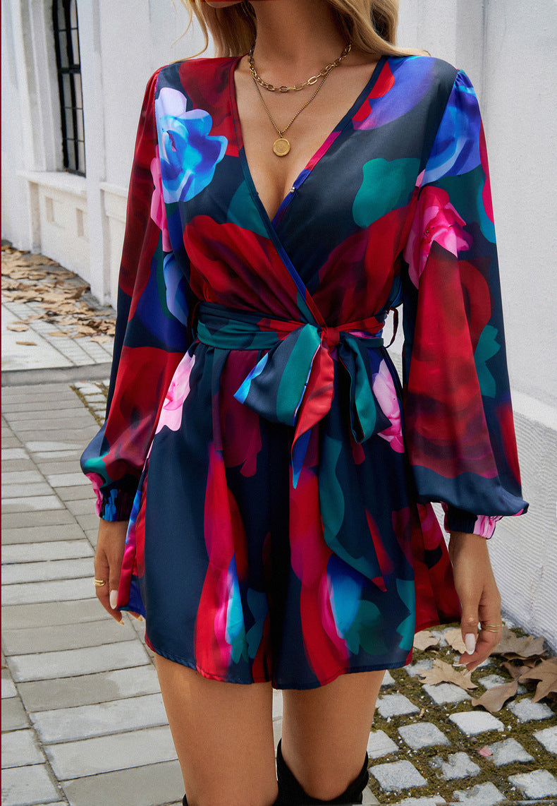 Floral Wrap V Neck Belted Short Jumpsuit - Red