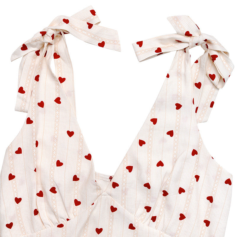 Heart Print Tie Shoulder Mini Dress - White - 1