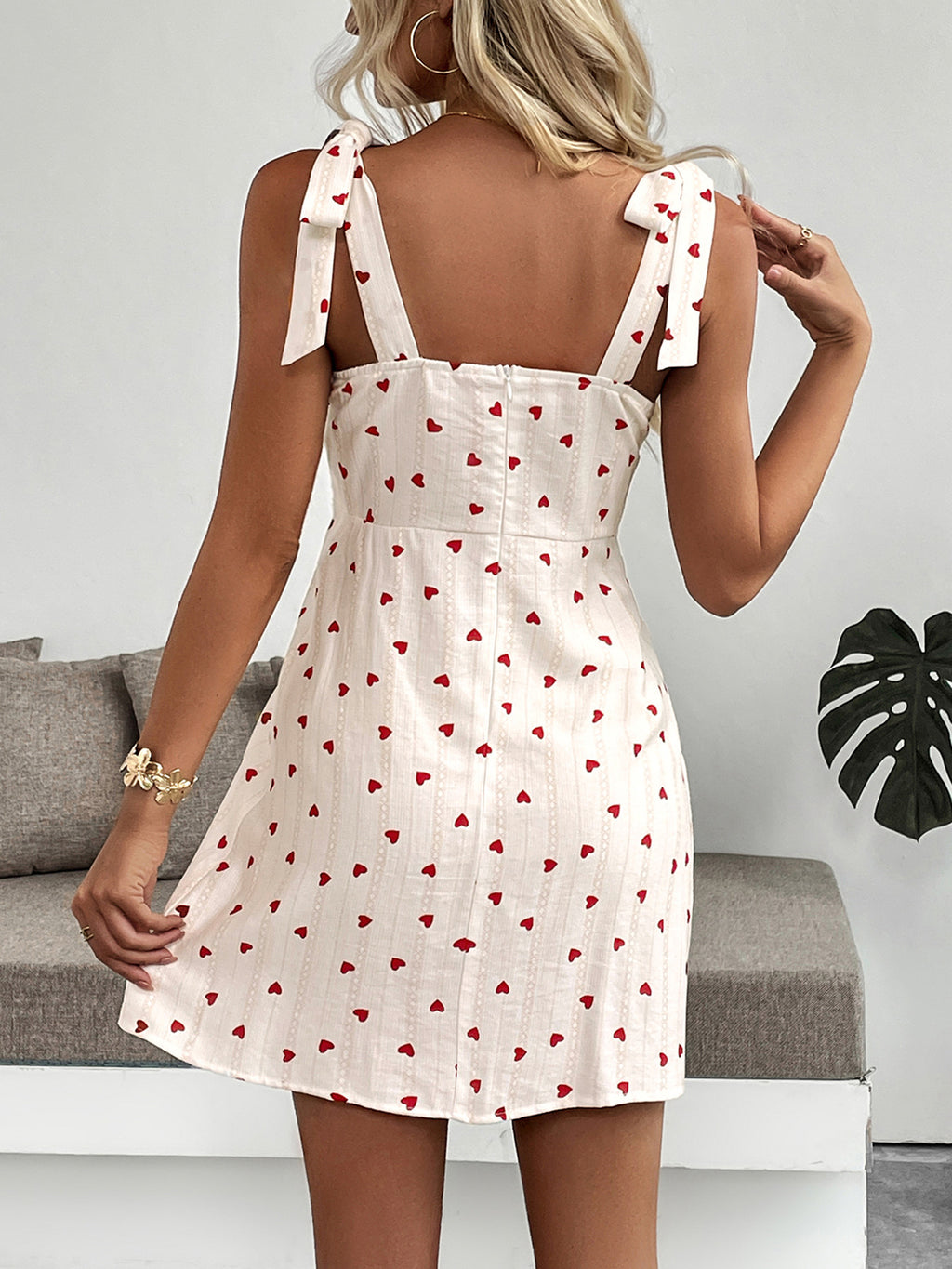 Heart Print Tie Shoulder Mini Dress - White - 3