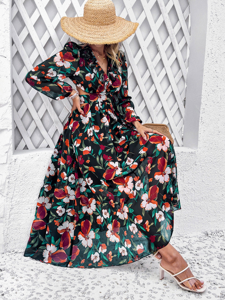 Floral Chiffon Balloon Sleeve Cutout Maxi Dress - Black