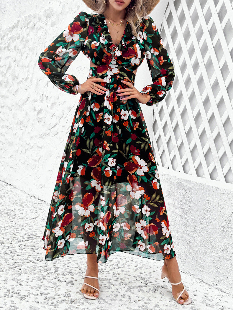 Floral Chiffon Balloon Sleeve Cutout Maxi Dress - Black - 1