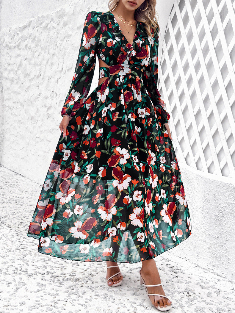 Floral Chiffon Balloon Sleeve Cutout Maxi Dress - Black - 2
