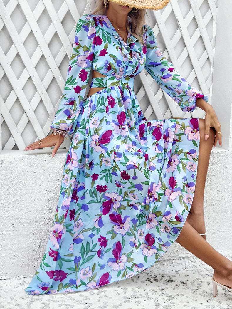 Floral Chiffon Balloon Sleeve Cutout Maxi Dress - Blue - 1