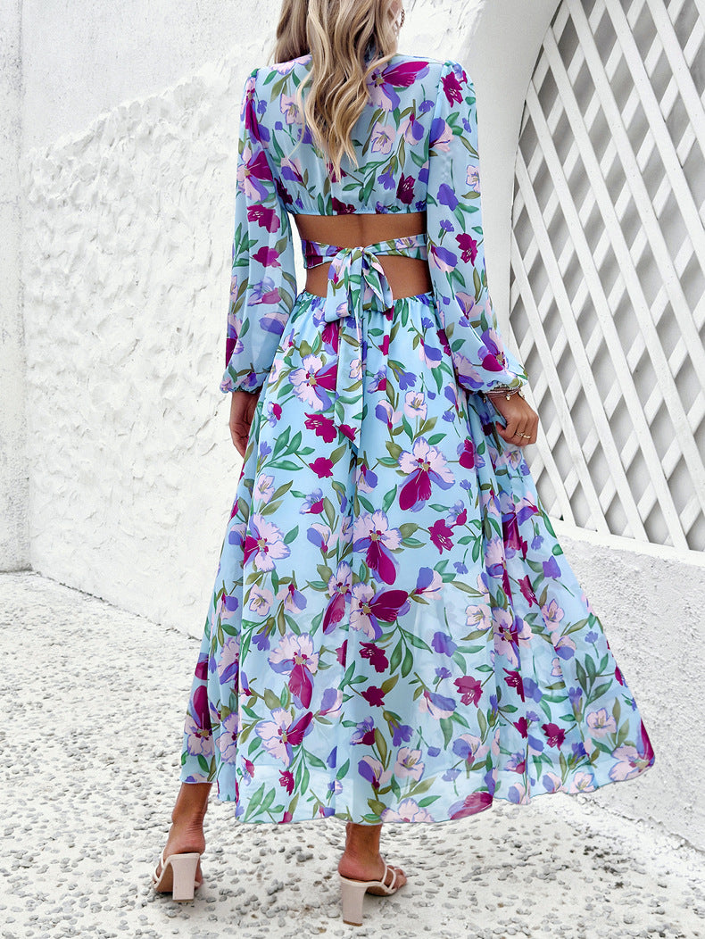 Floral Chiffon Balloon Sleeve Cutout Maxi Dress - Blue - 2