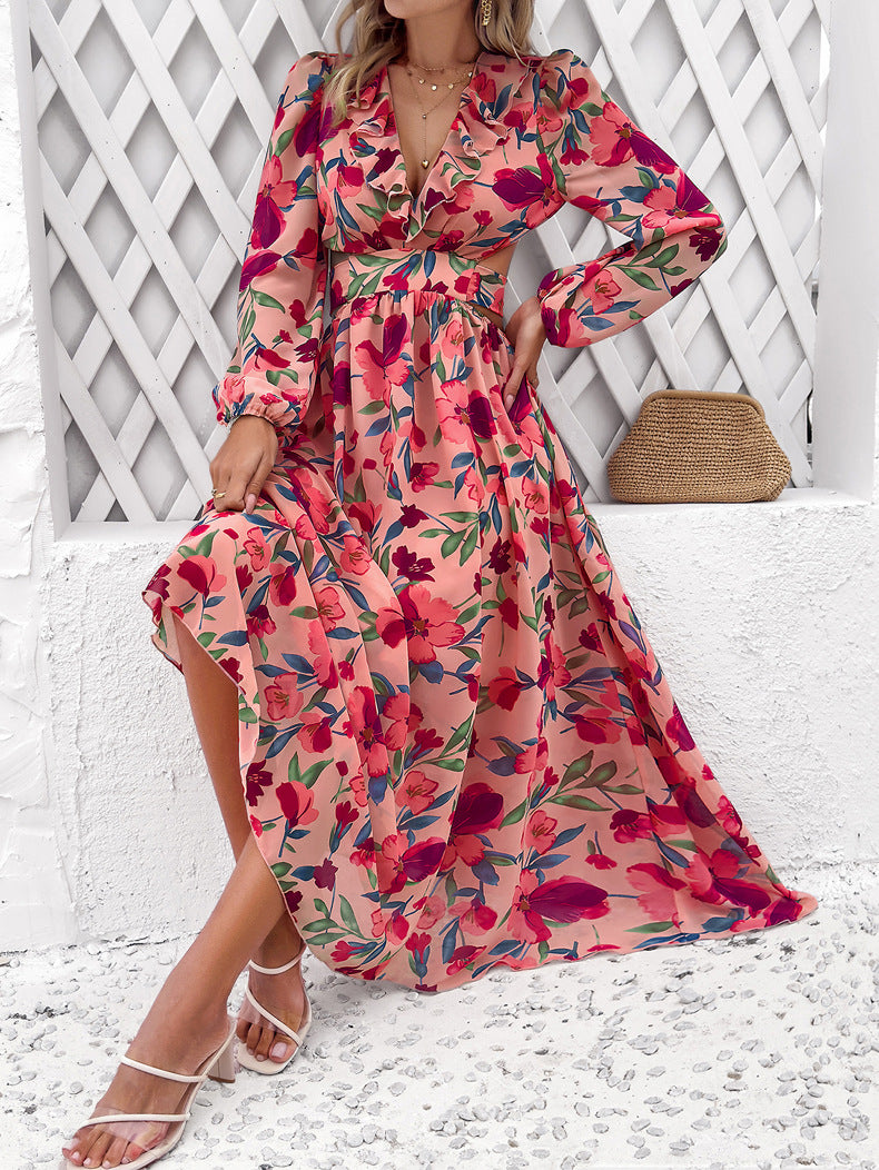 Floral Chiffon Balloon Sleeve Cutout Maxi Dress - Pink
