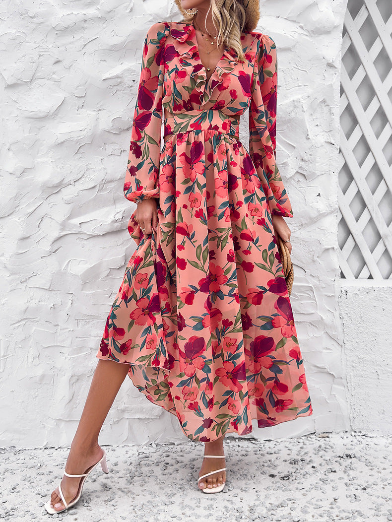 Floral Chiffon Balloon Sleeve Cutout Maxi Dress - Pink - 1