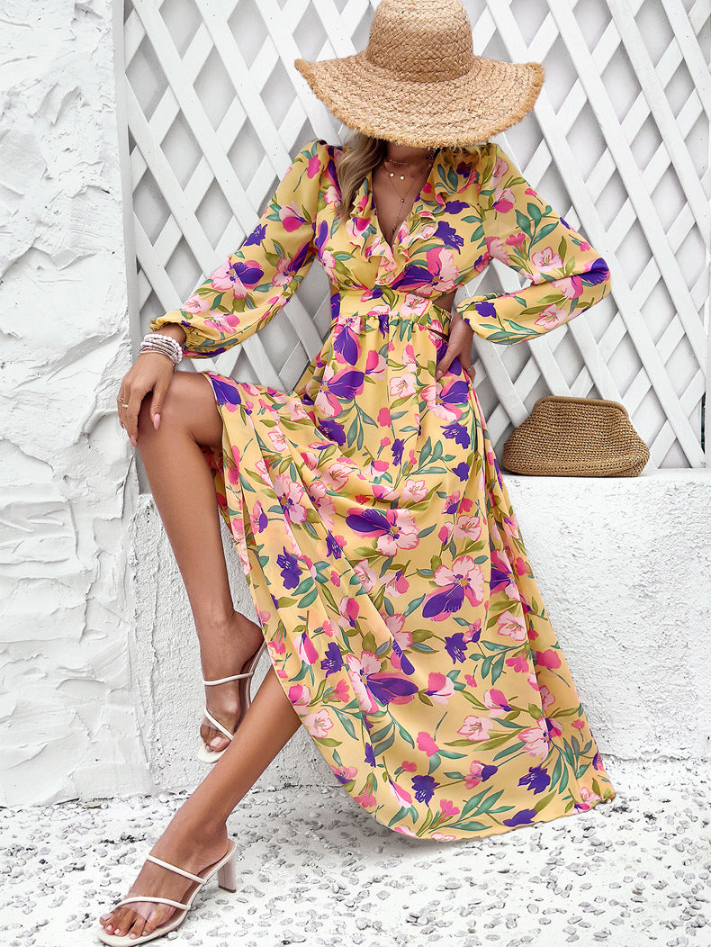 Floral Chiffon Balloon Sleeve Cutout Maxi Dress - Yellow