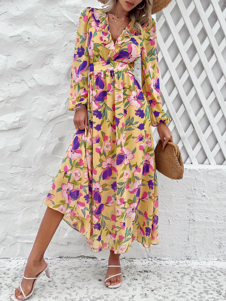 Floral Chiffon Balloon Sleeve Cutout Maxi Dress - Yellow - 1