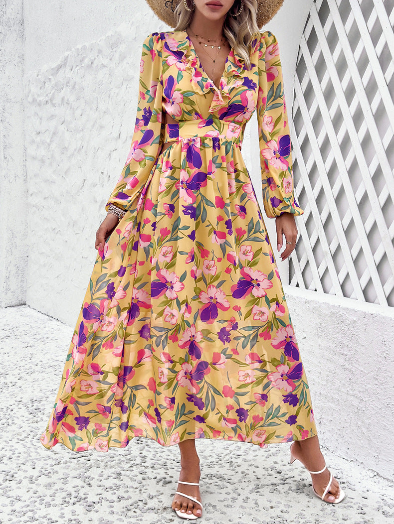 Floral Chiffon Balloon Sleeve Cutout Maxi Dress - Yellow - 2
