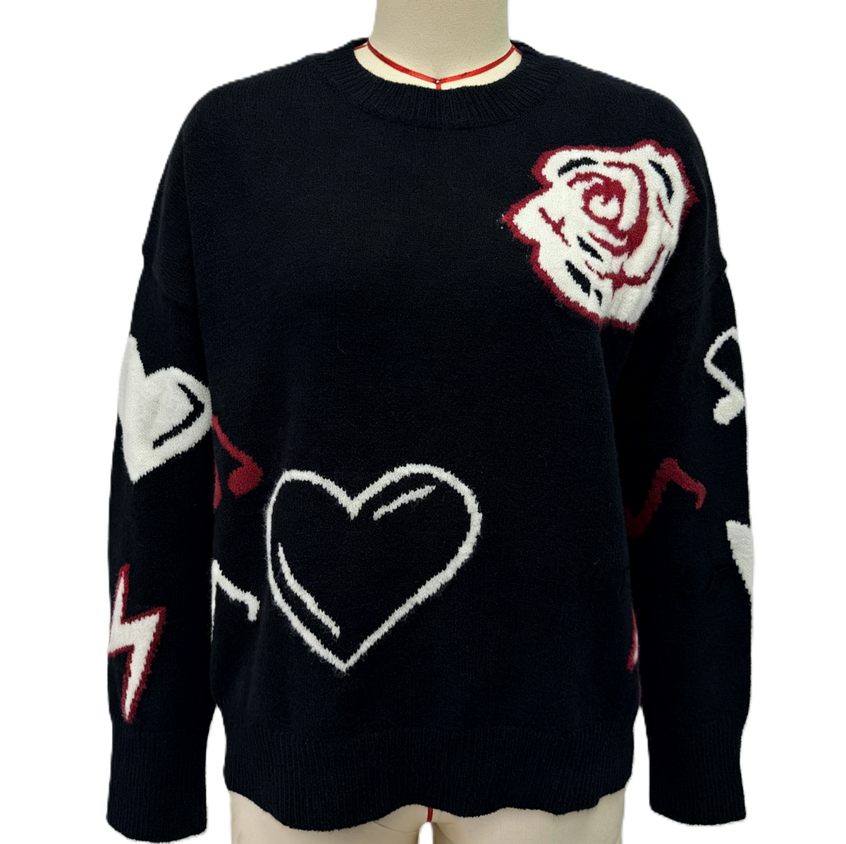 Oversized Heart and Blossom Intarsia Knit Sweater - Black