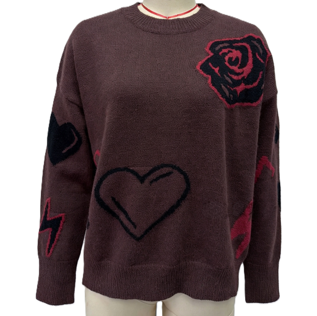 Oversized Heart and Blossom Intarsia Knit Sweater - Brown