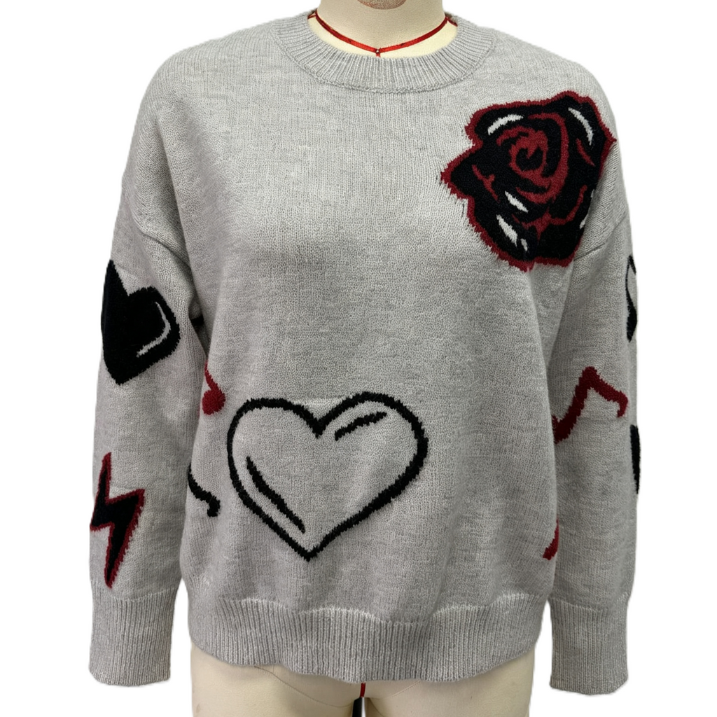 Oversized Heart and Blossom Intarsia Knit Sweater - Grey