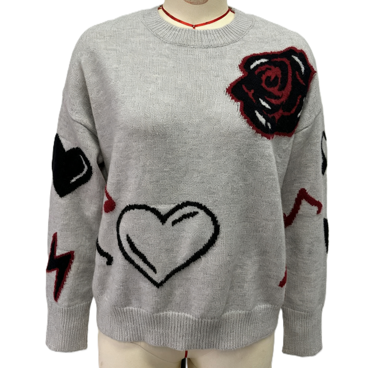 Oversized Heart and Blossom Intarsia Knit Sweater - Grey
