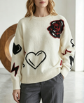 Oversized Heart and Blossom Intarsia Knit Sweater - White