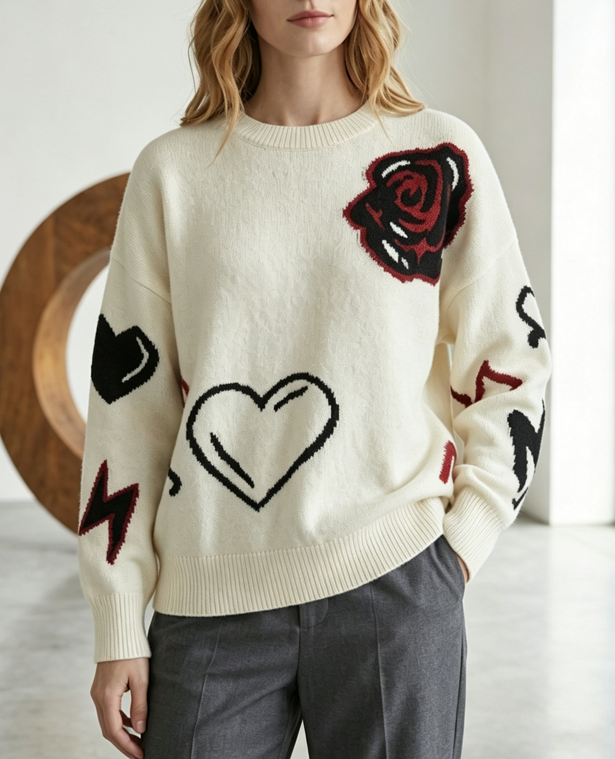 Oversized Heart and Blossom Intarsia Knit Sweater - White