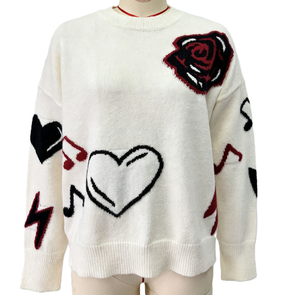 Oversized Heart and Blossom Intarsia Knit Sweater - White - 1