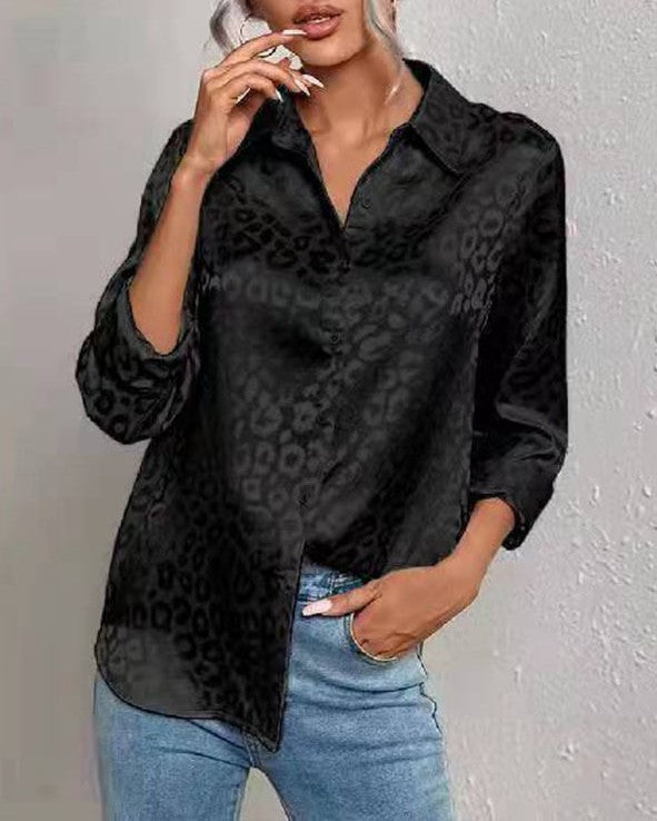 Satin Leopard Jacquard Button-Up Shirt - Black