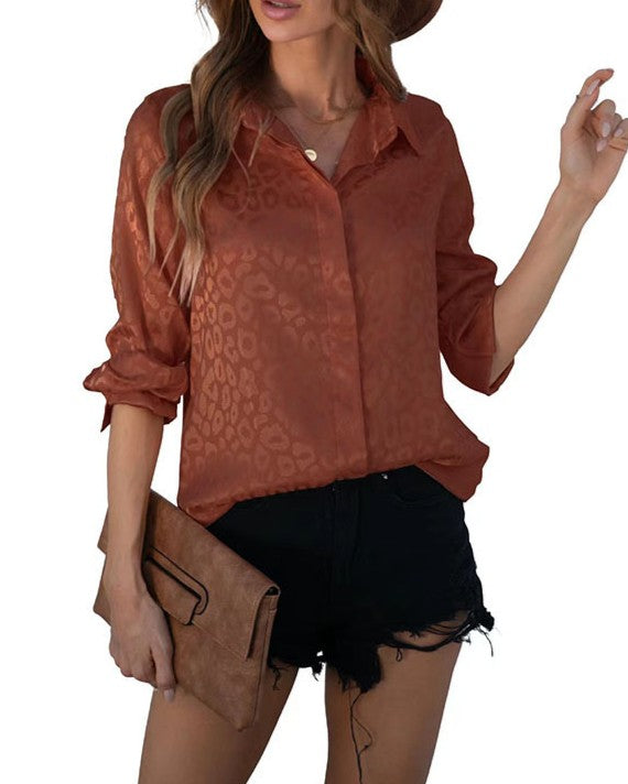 Satin Leopard Jacquard Button-Up Shirt - Brown